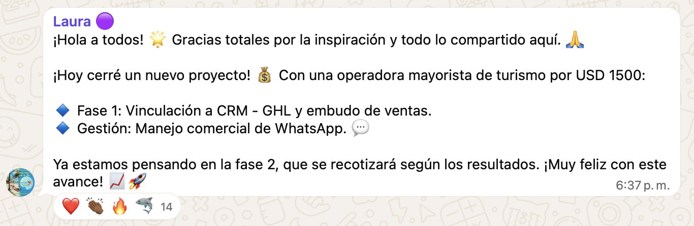 Mensaje de Laura en el grupo de la comunidad de Nexum Academy