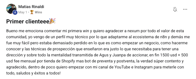 Publicación de Matías Rinaldi en la comunidad de Nexum Academy
